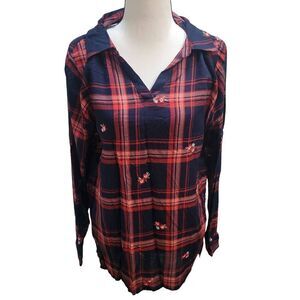 CJ Banks Womens Plaid Embroidered Long Sleeve Shirt Size M Navy Red New